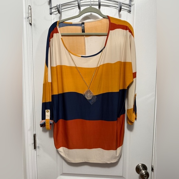 Ashley Blue Womens Sz 1X Top Shirt Blouse Tunic 3/4 Sleeve color block necklace - Picture 1 of 16